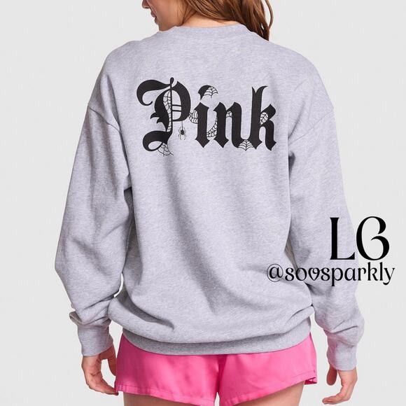 VS PINK Limited Edition Fleece Halloween Spiderweb Pullover Crewneck Sweatshirt - Picture 1 of 10